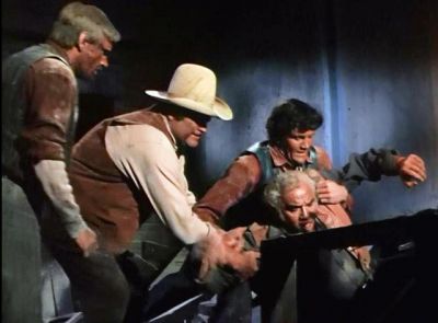 Bristol Toby (Don Knight), Hoss, and Candy rescuing Ben from the basement of the collapsing Virginia City Courthouse. .jpg
